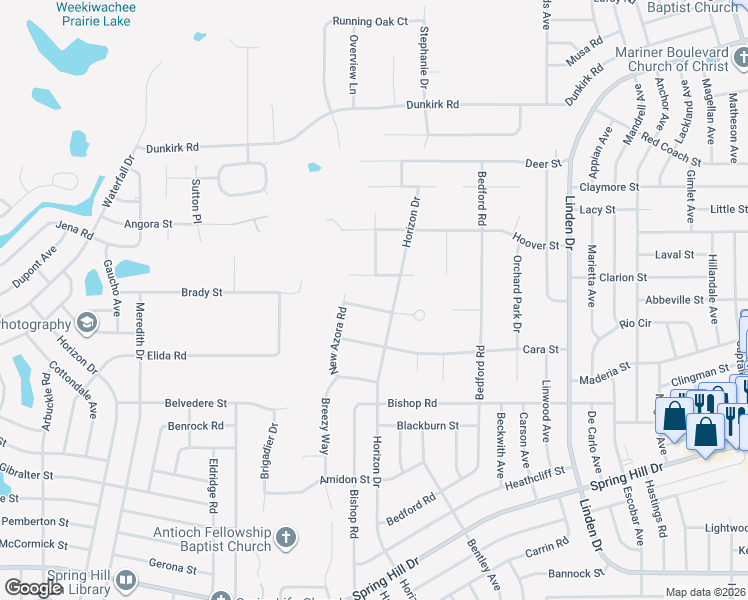 map of restaurants, bars, coffee shops, grocery stores, and more near 10044 Huckleberry Drive in Spring Hill