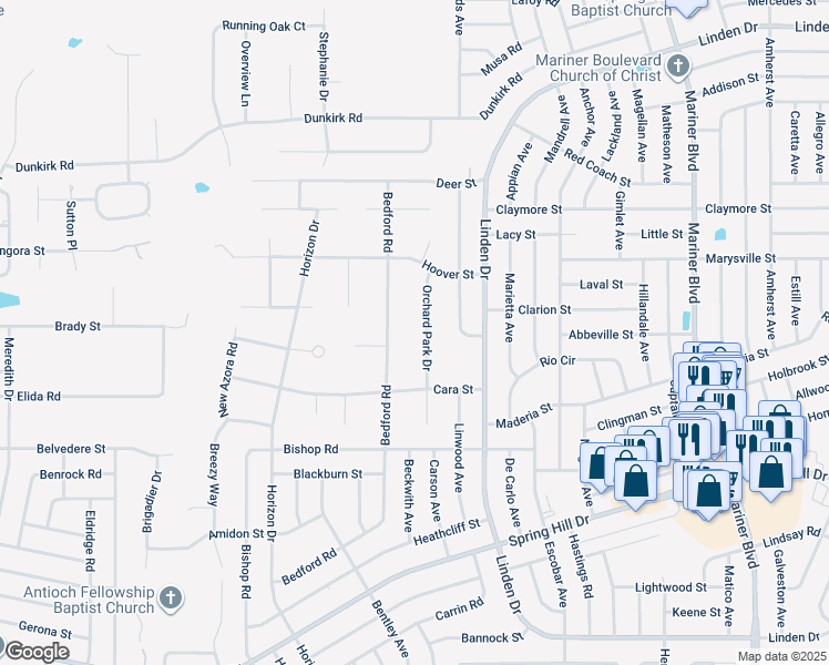 map of restaurants, bars, coffee shops, grocery stores, and more near 2203 Orchard Park Drive in Spring Hill