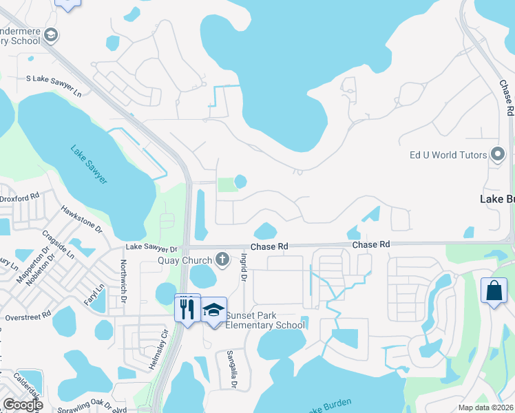 map of restaurants, bars, coffee shops, grocery stores, and more near 11308 Ledgement Lane in Windermere