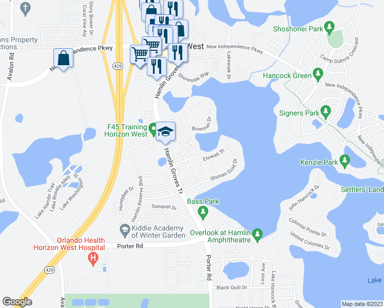map of restaurants, bars, coffee shops, grocery stores, and more near 5638 Thomas Square Drive in Winter Garden