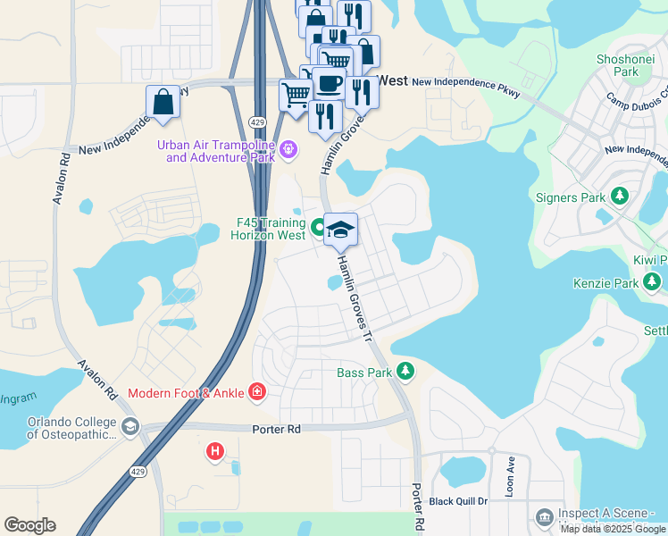 map of restaurants, bars, coffee shops, grocery stores, and more near 5804 Hamlin Groves Trail in Winter Garden