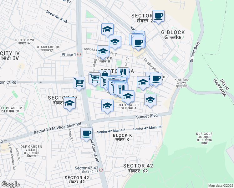 map of restaurants, bars, coffee shops, grocery stores, and more near Arjun Marg in Gurugram