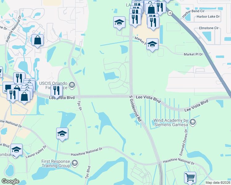 map of restaurants, bars, coffee shops, grocery stores, and more near 6598 Maranatha Boulevard in Orlando