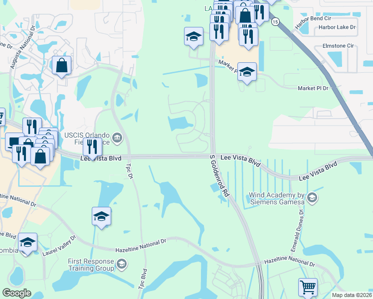 map of restaurants, bars, coffee shops, grocery stores, and more near 6598 Maranatha Boulevard in Orlando