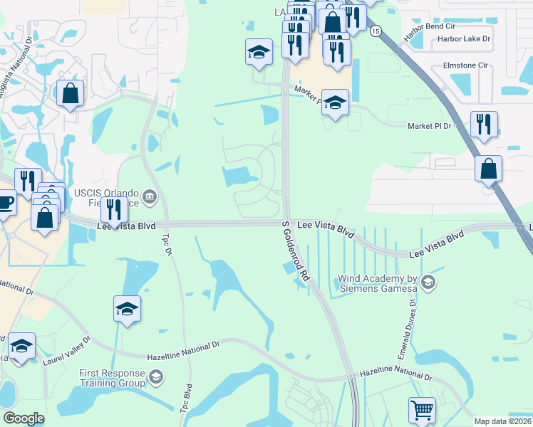 map of restaurants, bars, coffee shops, grocery stores, and more near 6578 South Goldenrod Road in Orlando