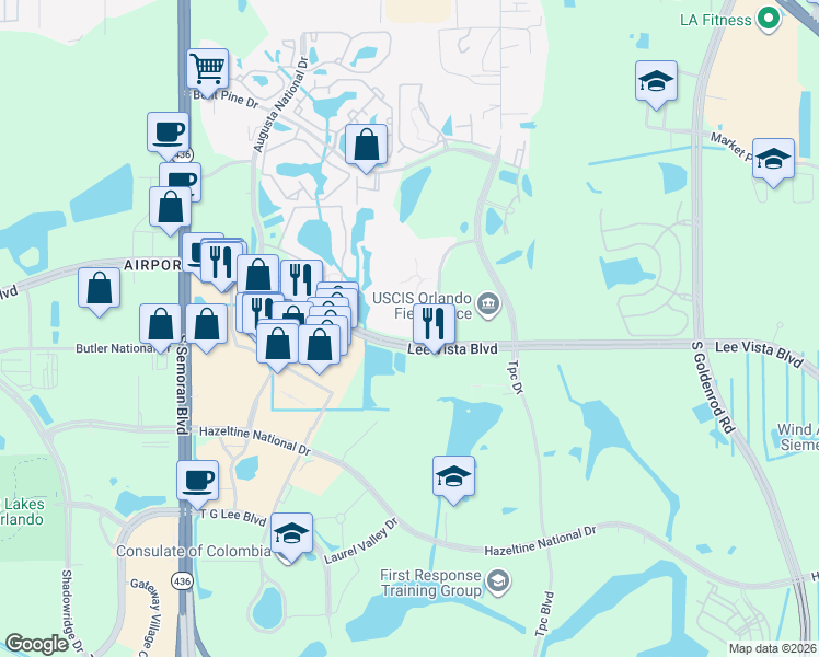 map of restaurants, bars, coffee shops, grocery stores, and more near 6548 Swissco Drive in Orlando