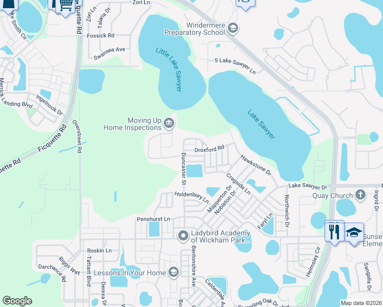 map of restaurants, bars, coffee shops, grocery stores, and more near 12925 Droxford Road in Windermere