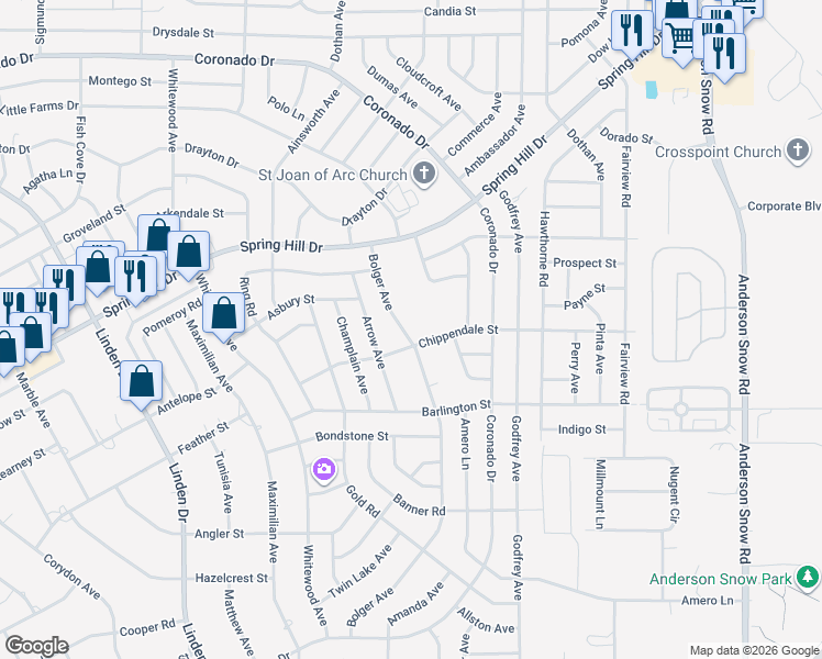 map of restaurants, bars, coffee shops, grocery stores, and more near 2232 Bolger Avenue in Spring Hill