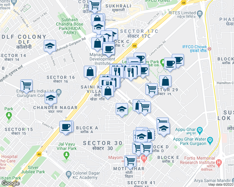 map of restaurants, bars, coffee shops, grocery stores, and more near 107 Sector Road in Gurgaon