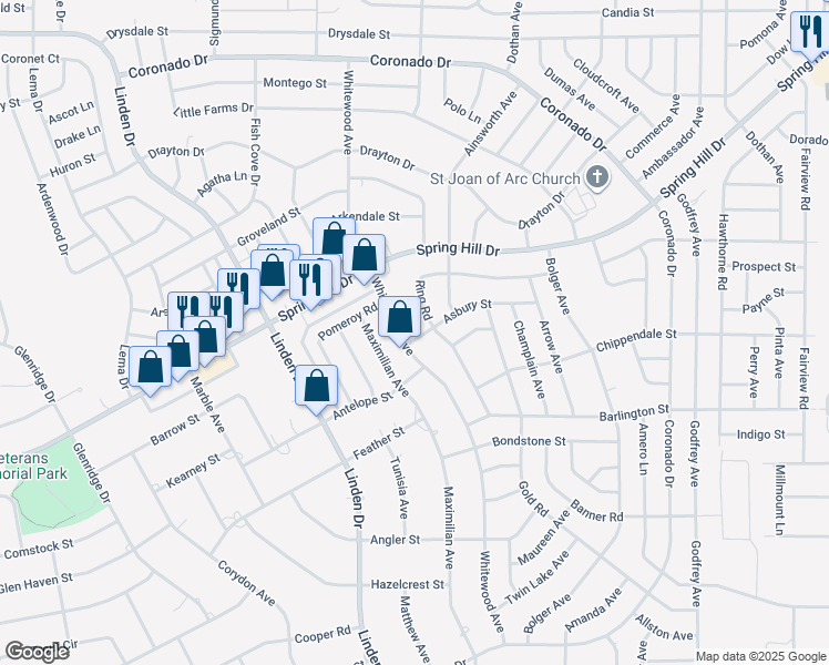 map of restaurants, bars, coffee shops, grocery stores, and more near 2270 Whitewood Avenue in Spring Hill