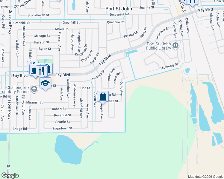 map of restaurants, bars, coffee shops, grocery stores, and more near 6195 Janina Road in Cocoa