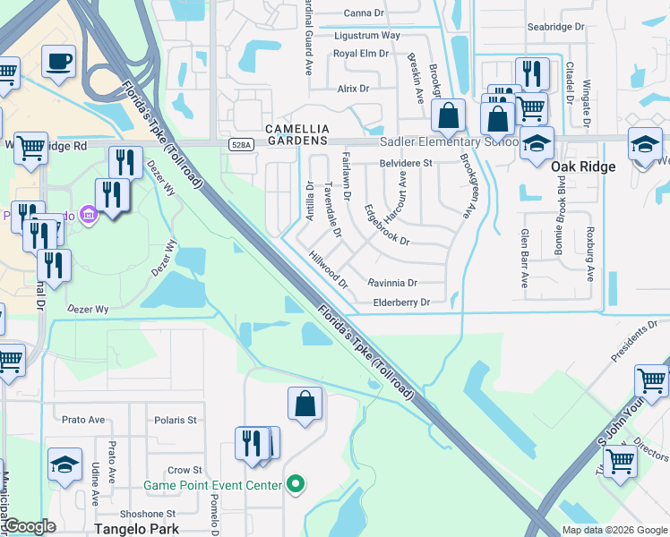 map of restaurants, bars, coffee shops, grocery stores, and more near 6301 Hillwood Drive in Orlando
