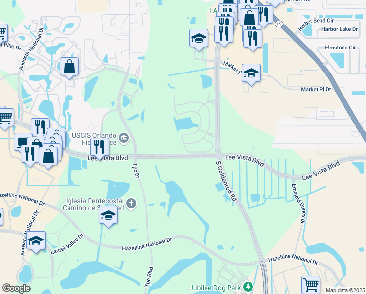 map of restaurants, bars, coffee shops, grocery stores, and more near 6598 Maranatha Boulevard in Orlando