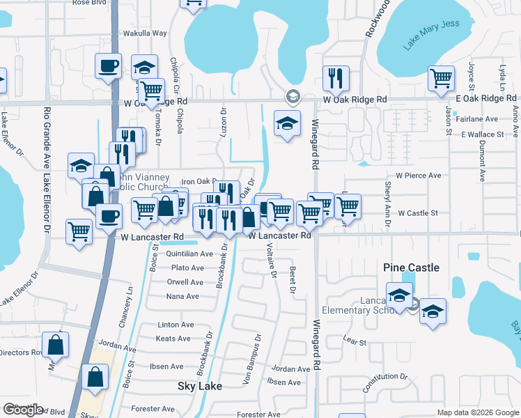 map of restaurants, bars, coffee shops, grocery stores, and more near 645 West Lancaster Road in Orlando