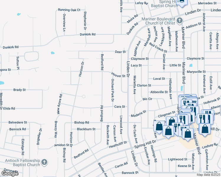 map of restaurants, bars, coffee shops, grocery stores, and more near 2203 Orchard Park Drive in Spring Hill