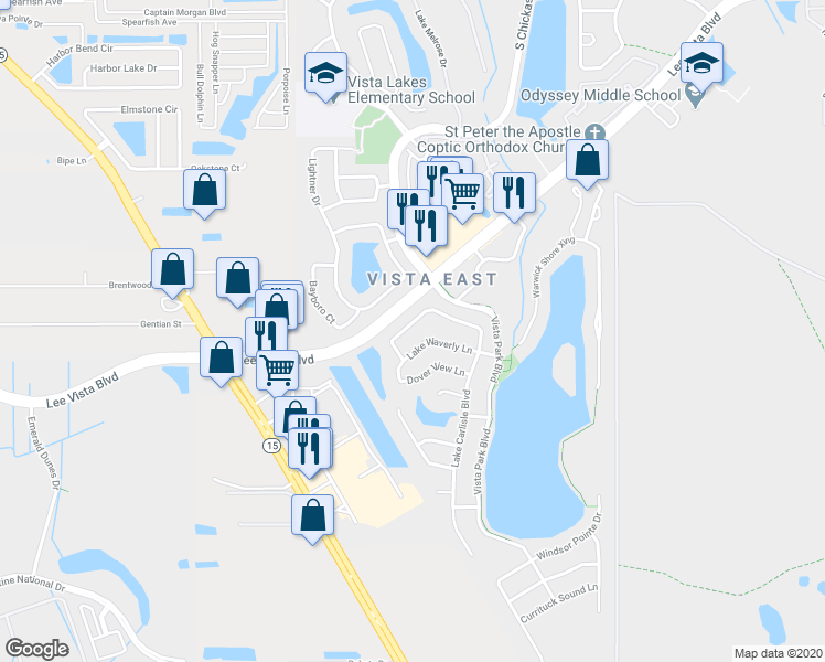 map of restaurants, bars, coffee shops, grocery stores, and more near 8470 Lake Windham Avenue in Orlando