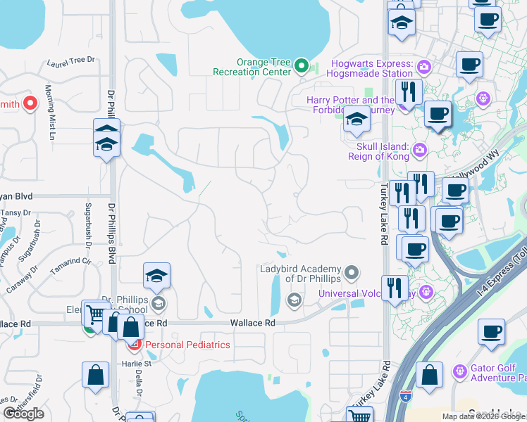 map of restaurants, bars, coffee shops, grocery stores, and more near 6552 Edgeworth Drive in Orlando