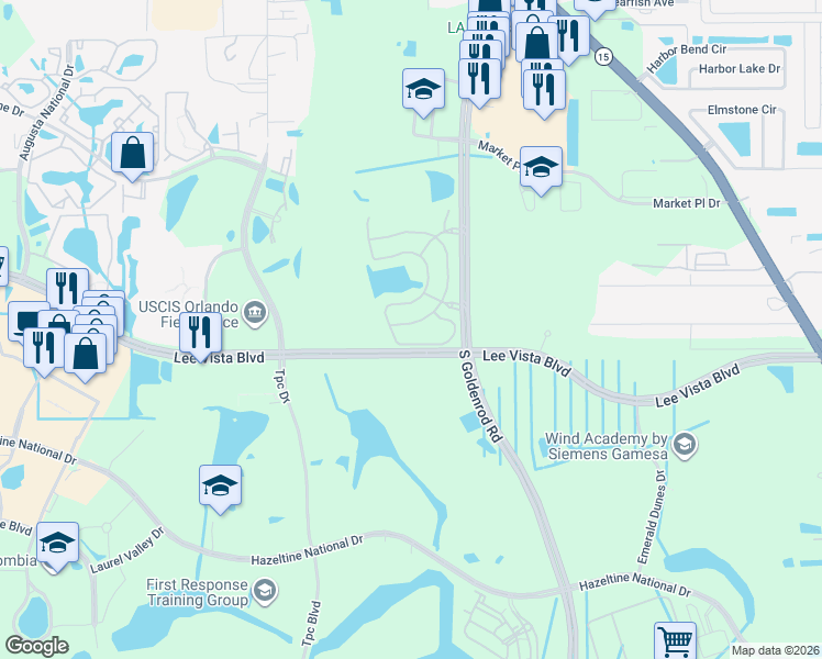 map of restaurants, bars, coffee shops, grocery stores, and more near 6598 Maranatha Boulevard in Orlando