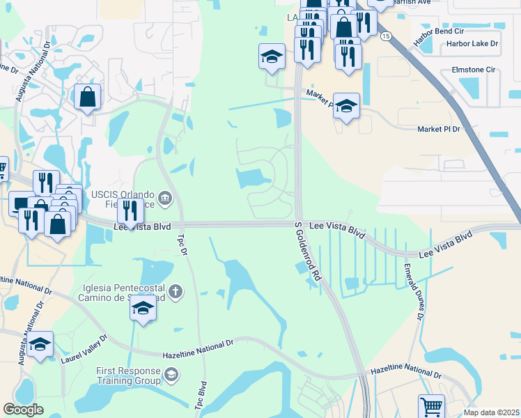 map of restaurants, bars, coffee shops, grocery stores, and more near 6598 Maranatha Boulevard in Orlando