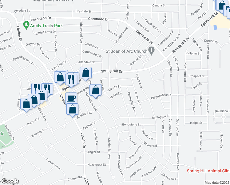 map of restaurants, bars, coffee shops, grocery stores, and more near 13311 Mitten Lane in Spring Hill