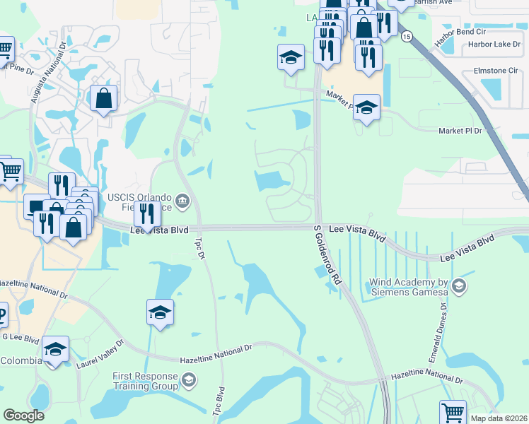 map of restaurants, bars, coffee shops, grocery stores, and more near 6598 Maranatha Boulevard in Orlando