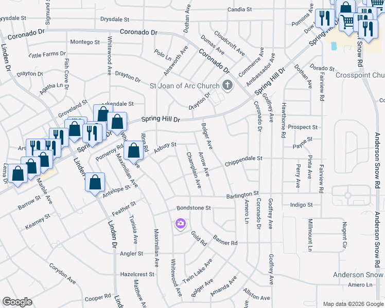 map of restaurants, bars, coffee shops, grocery stores, and more near 2262 Champlain Avenue in Spring Hill