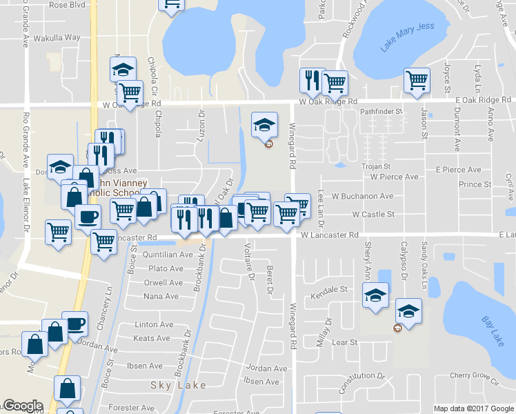 map of restaurants, bars, coffee shops, grocery stores, and more near 645 West Lancaster Road in Orlando