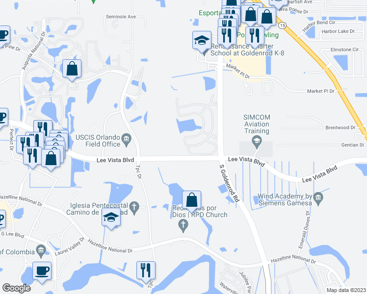 map of restaurants, bars, coffee shops, grocery stores, and more near 6680 South Goldenrod Road in Orlando