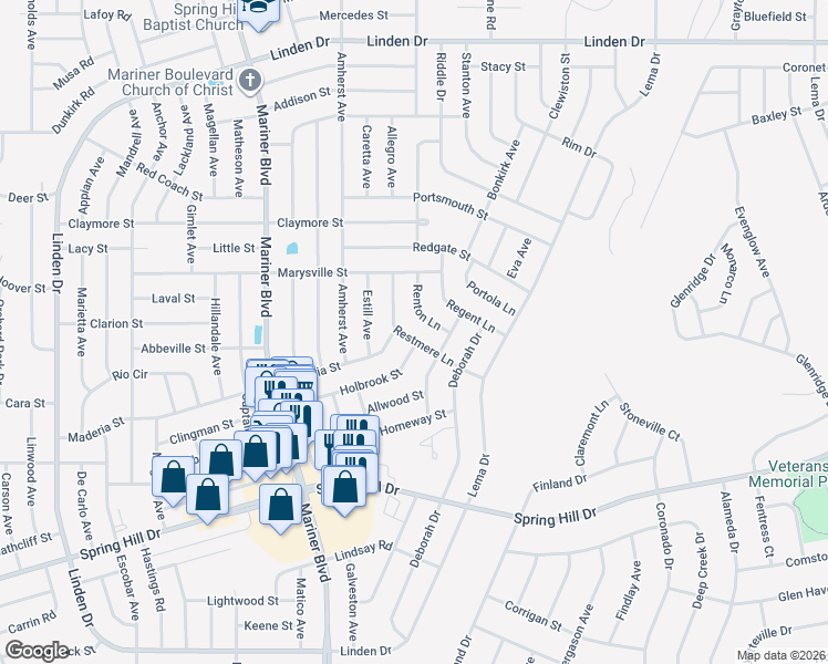 map of restaurants, bars, coffee shops, grocery stores, and more near 2294 Restmere Lane in Spring Hill