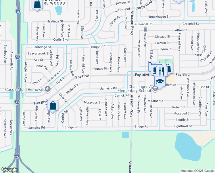 map of restaurants, bars, coffee shops, grocery stores, and more near 5206 Jamaica Road in Cocoa