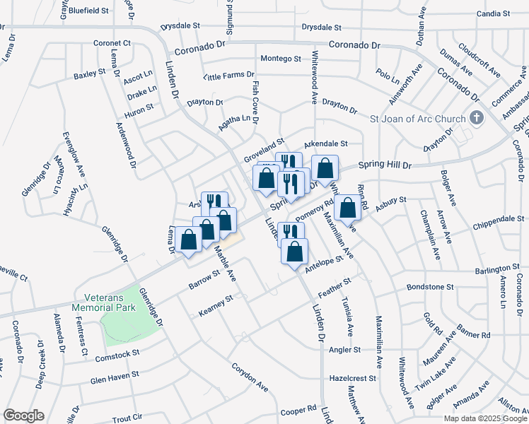 map of restaurants, bars, coffee shops, grocery stores, and more near Spring Hill Drive in Spring Hill