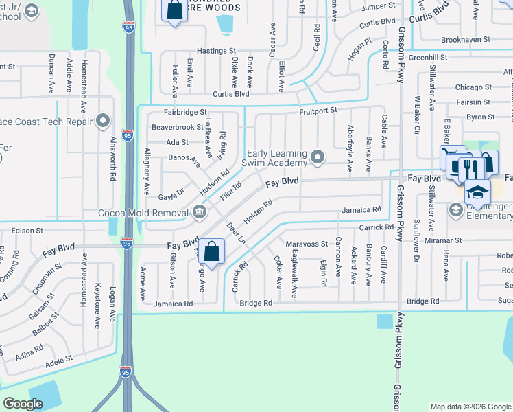 map of restaurants, bars, coffee shops, grocery stores, and more near 5525 Fay Boulevard in Cocoa