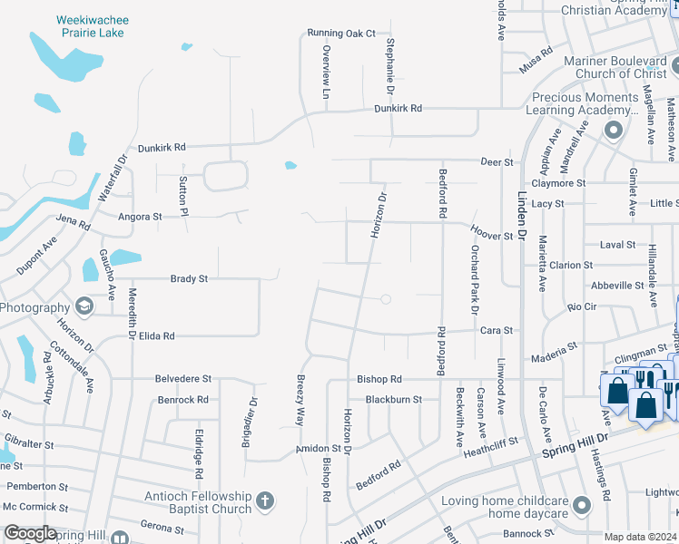 map of restaurants, bars, coffee shops, grocery stores, and more near 10044 Huckleberry Drive in Spring Hill