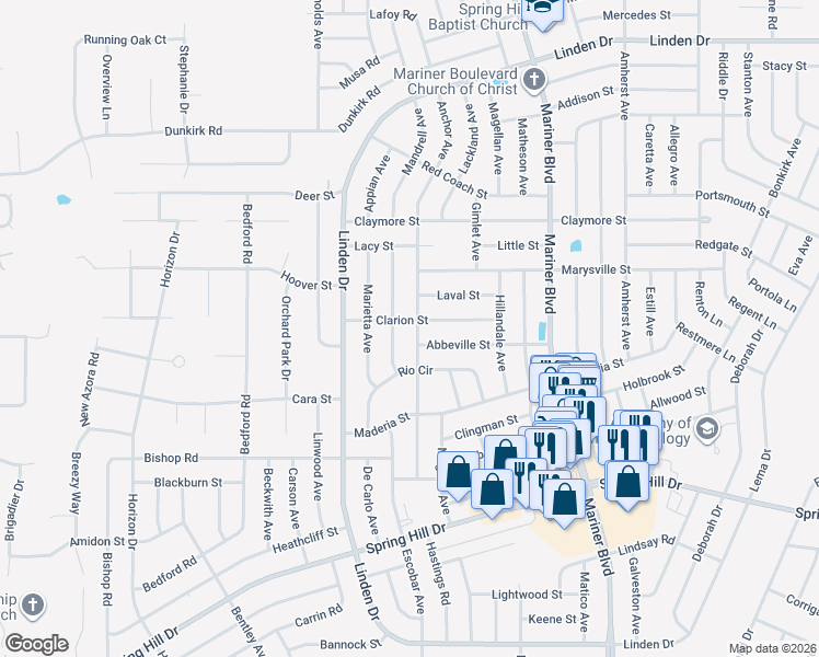 map of restaurants, bars, coffee shops, grocery stores, and more near 10390 Clarion Street in Spring Hill
