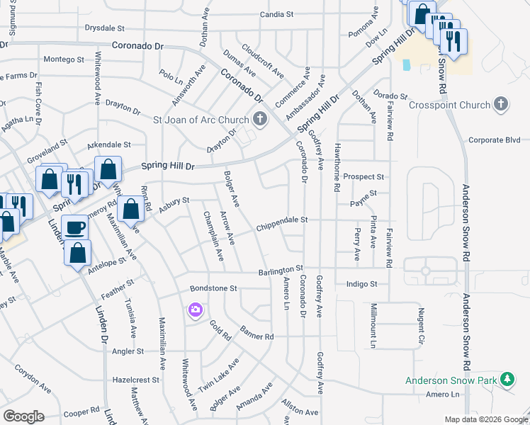 map of restaurants, bars, coffee shops, grocery stores, and more near 2232 Bolger Avenue in Spring Hill