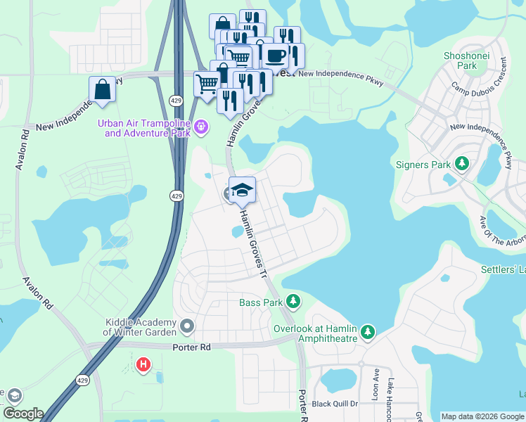 map of restaurants, bars, coffee shops, grocery stores, and more near Bowman Drive in Winter Garden