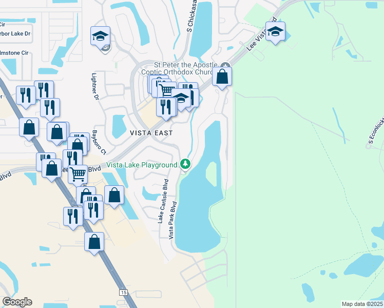 map of restaurants, bars, coffee shops, grocery stores, and more near 8619 Warwick Shore Crossing in Orlando