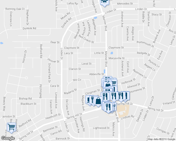map of restaurants, bars, coffee shops, grocery stores, and more near 10464 Clarion Street in Spring Hill