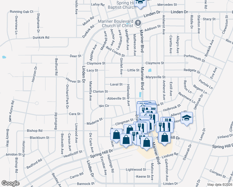 map of restaurants, bars, coffee shops, grocery stores, and more near 10464 Clarion Street in Spring Hill