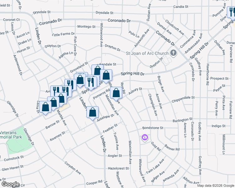 map of restaurants, bars, coffee shops, grocery stores, and more near 2270 Whitewood Avenue in Spring Hill