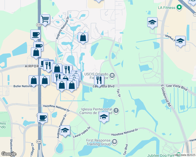 map of restaurants, bars, coffee shops, grocery stores, and more near 6572 Swissco Drive in Orlando