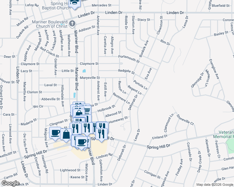 map of restaurants, bars, coffee shops, grocery stores, and more near 2294 Restmere Lane in Spring Hill
