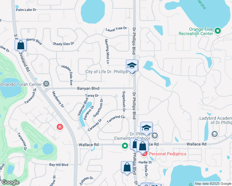 map of restaurants, bars, coffee shops, grocery stores, and more near 6526 Sugarbush Drive in Orlando