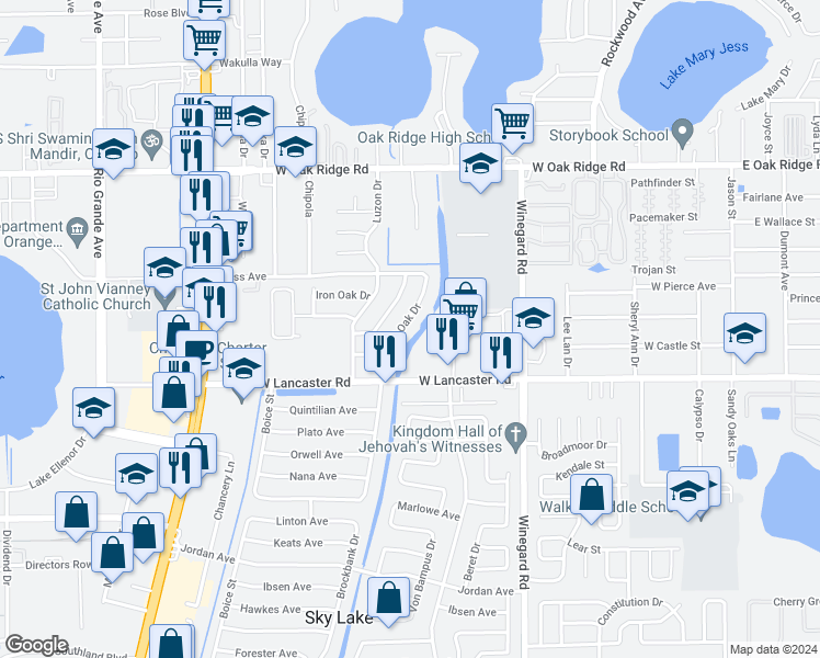 map of restaurants, bars, coffee shops, grocery stores, and more near 6319 Royal Oak Dr in Orlando
