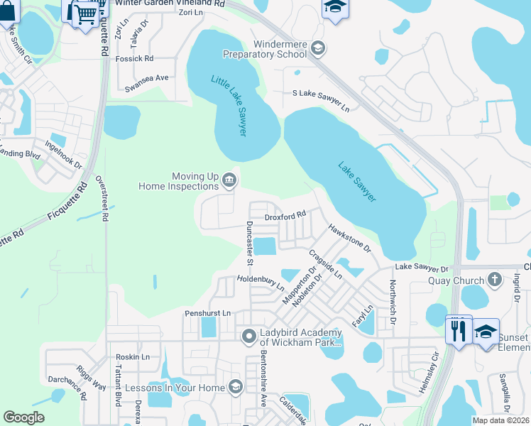 map of restaurants, bars, coffee shops, grocery stores, and more near 12925 Droxford Road in Windermere