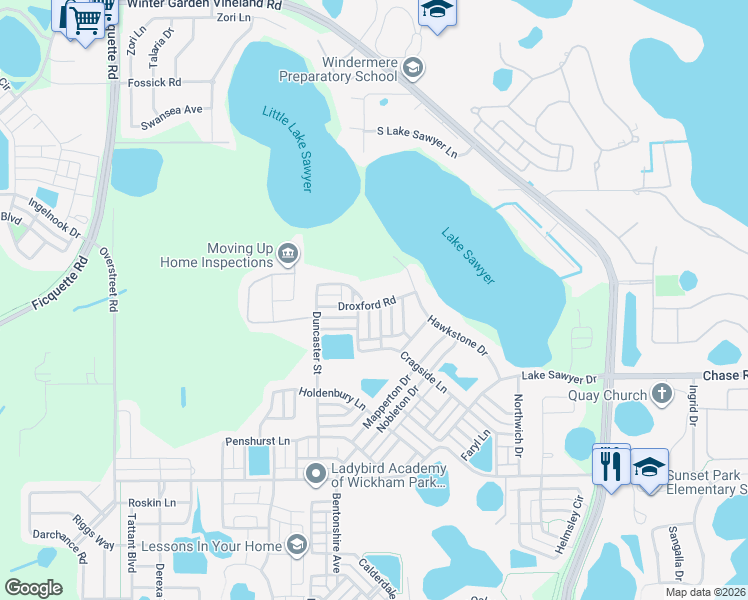 map of restaurants, bars, coffee shops, grocery stores, and more near 12841 Droxford Road in Windermere