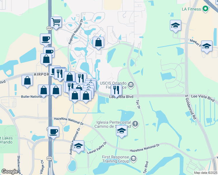 map of restaurants, bars, coffee shops, grocery stores, and more near 6548 Swissco Drive in Orlando
