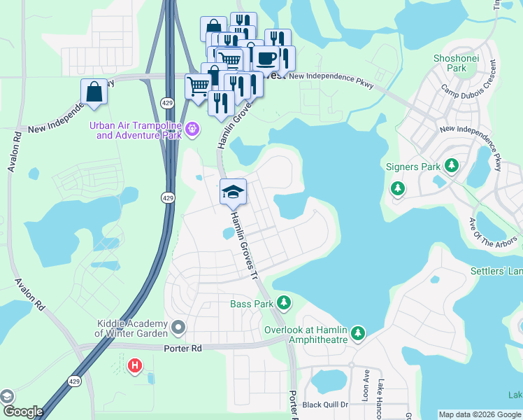 map of restaurants, bars, coffee shops, grocery stores, and more near Wellberry Way in Winter Garden