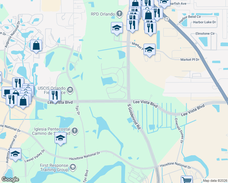 map of restaurants, bars, coffee shops, grocery stores, and more near 6598 Maranatha Boulevard in Orlando