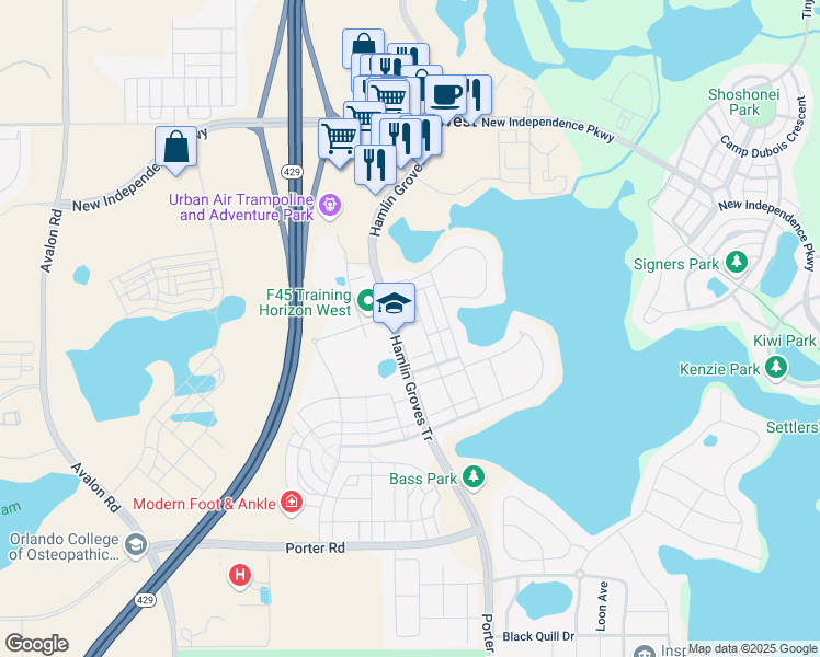 map of restaurants, bars, coffee shops, grocery stores, and more near 15518 Aviation Alley in Winter Garden